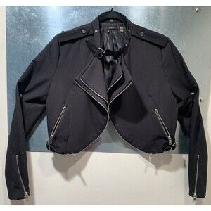 DEX Cropped Stretch Black Moto Jacket M Double Asymmetrical Full Chrome Zippers